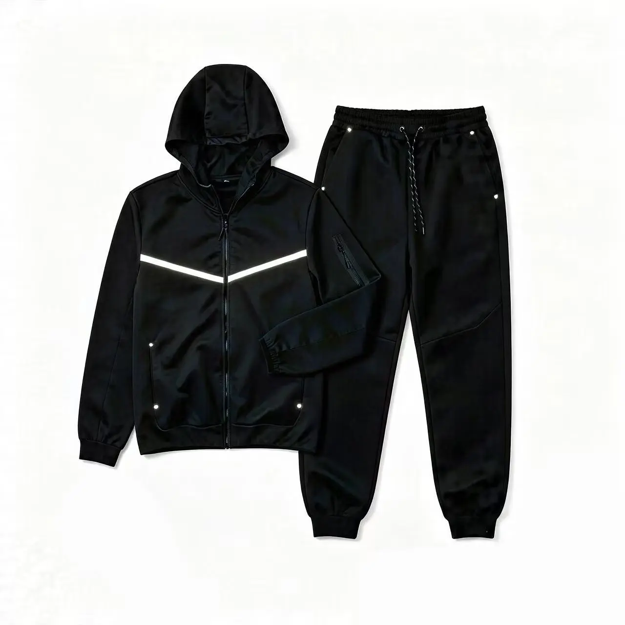 Men's 2-Piece Windrunner Hooded Sportswear Set - Slim-Fit, Breathable, Reflective Stripe, Trendy Casual Spring & Autumn Training Running Top & Sweatpants (Couples-Compatible)