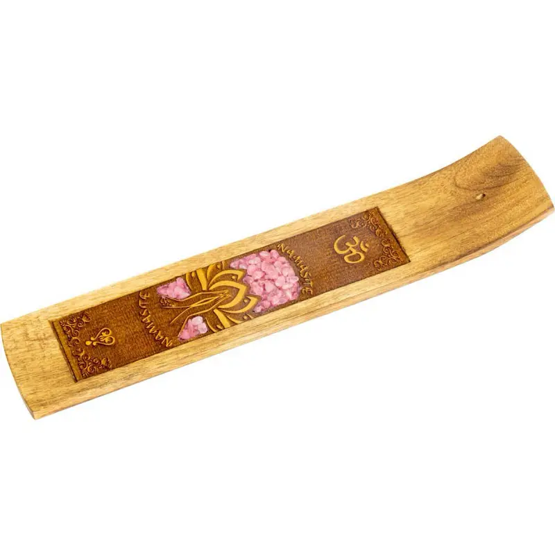 Laser Etched Wood Incense Holder - Namaste w/ Rose Qtz Inlay