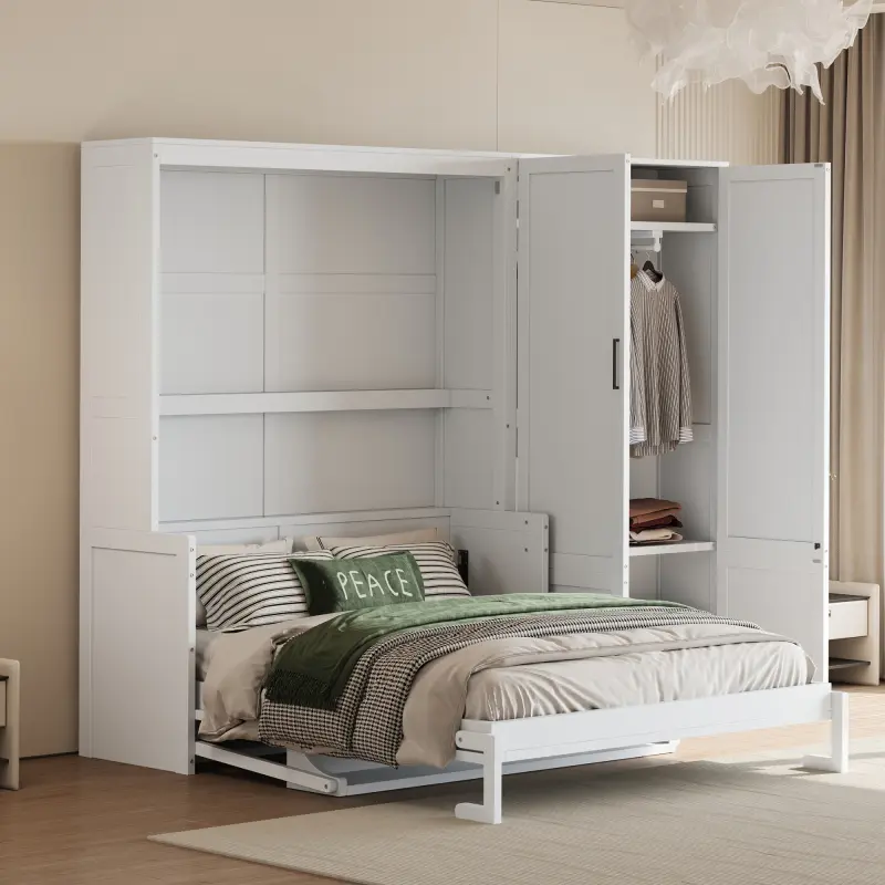 Queen Size Murphy Bed Wall Bed with Closet,White    RR