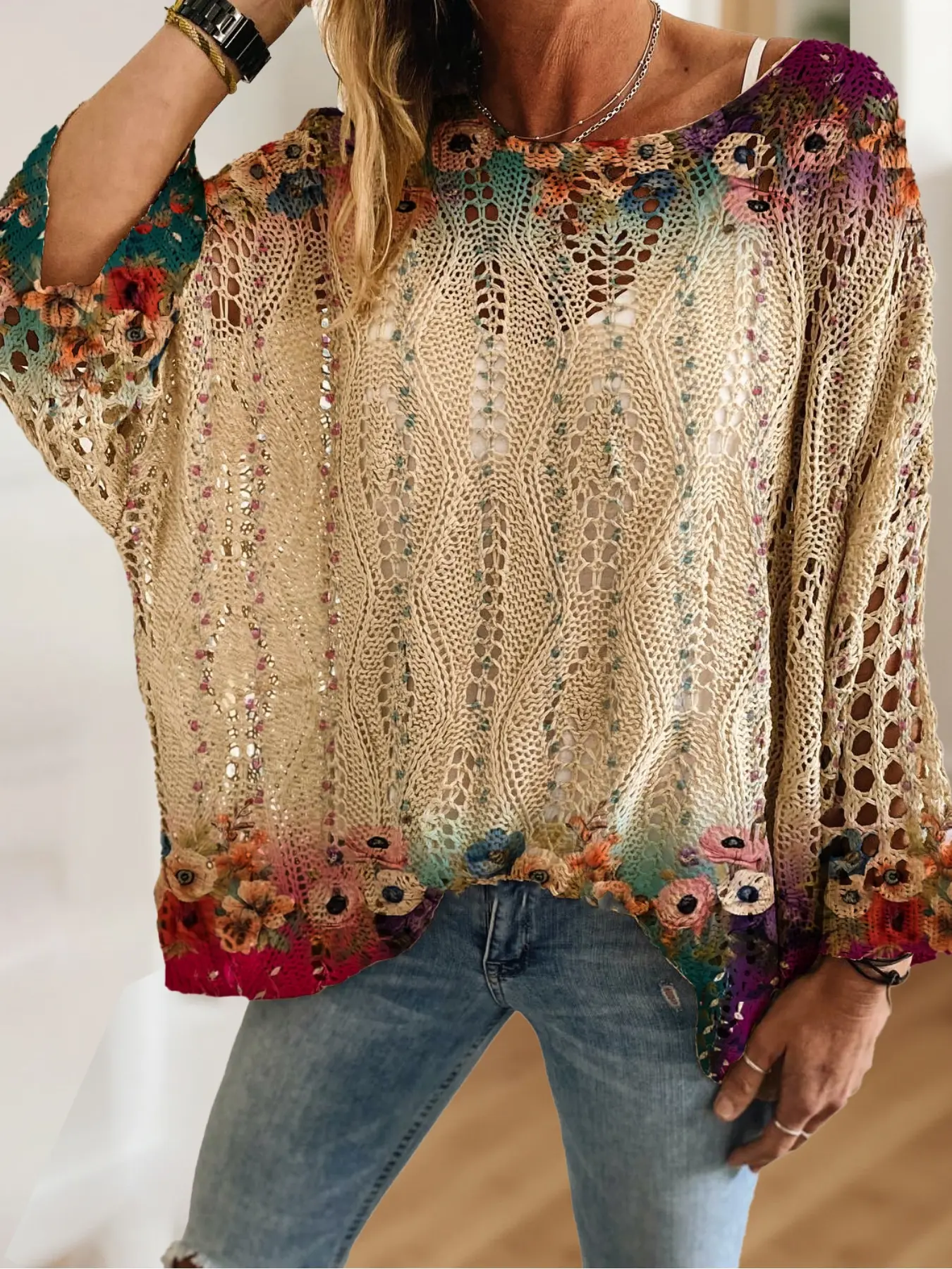Women's Bohemian Floral Colorblock Long Sleeve Batwing Knit Hollow Out Top, Casual Elegant Vacation Style Sweater, Boho Casual Jumper, Comfortable Breathable Loose Fit