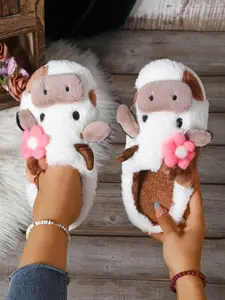 Women's Cute Cow Design Plush Slippers, Warm Bedroom Soft Slippers, Indoor Outdoor Silent Non-Slip Slippers, Casual Animal Pattern,Christmas Gifts For GF