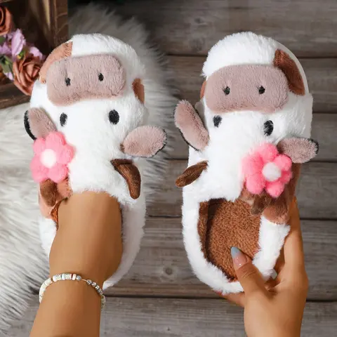 Women's Cute Cow Design Plush Slippers, Warm Bedroom Soft Slippers, House Slippers, Indoor Outdoor Silent Non-Slip Slippers, Casual Animal Pattern, Christmas Gifts For GF, Slide