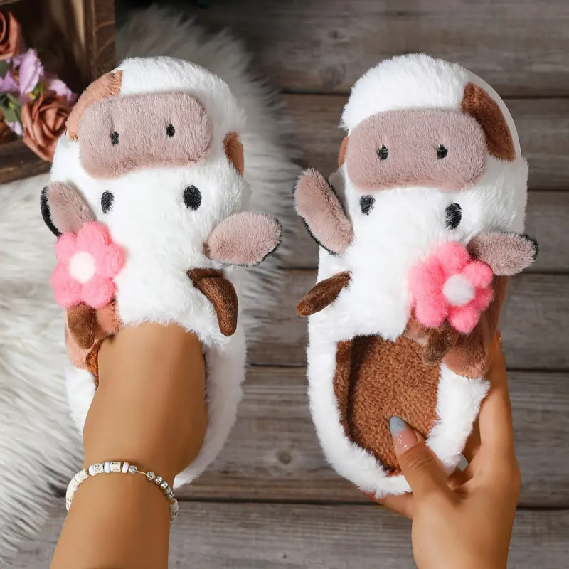 Women's Cute Cow Design Plush Slippers, Warm Bedroom Soft Slippers, House Slippers, Indoor Outdoor Silent Non-Slip Slippers, Casual Animal Pattern, Christmas Gifts For GF, Slide