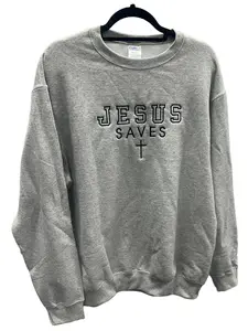 Jesus Saves Simple Cross Black Stitched Logo Christian Faith Hope Love Fleece Pullover Crewneck Sweatshirt