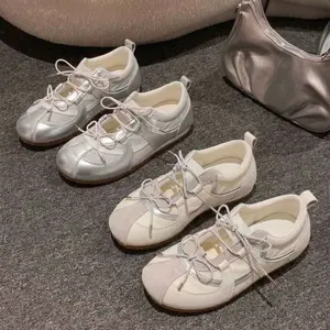 2026 New Silver Metallic Ballet Sneakers for Women, Y2K Retro Low-Profile Trainers, Breathable Suede & Fabric Combination, Lace-Up Casual Shoes for Streetwear, Versatile Stylish Footwear for Any Occasion