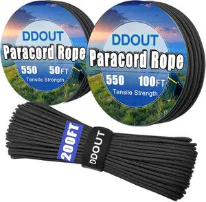 Paracord Nylon Rope with 7-Strand Core, 10 Colors and 50/100/200 ft, Type III Parachute Cord 4mm for Camping, Survival, Hiking, DIY, Crafting, Outdoor Utility Rope Black 50ft