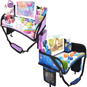 2PCS Kids Travel Tray for Airplane - Toddler Car Seat Table Tray, Road Trip Essentials for Boys & Girls, Carseat Lap Desk for Kids Road Trip Activities (Dark Blue Car/Purple Mermaid)