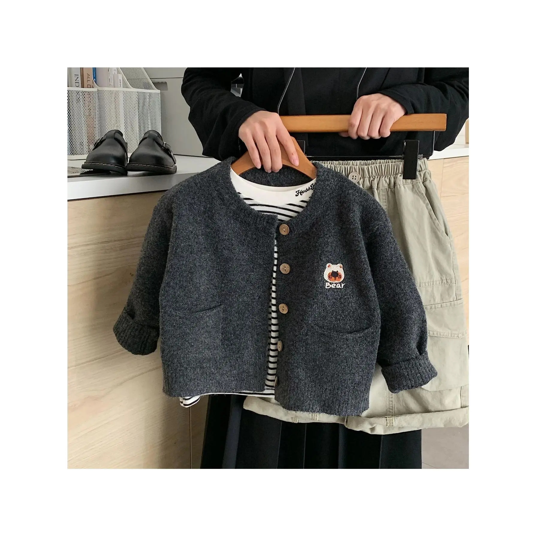 Children's Knit Cardigan for Boys - Korean style, round neck, long sleeves, striped decoration, single-button closure, machine washable, suitable for year-round wear, single-button design