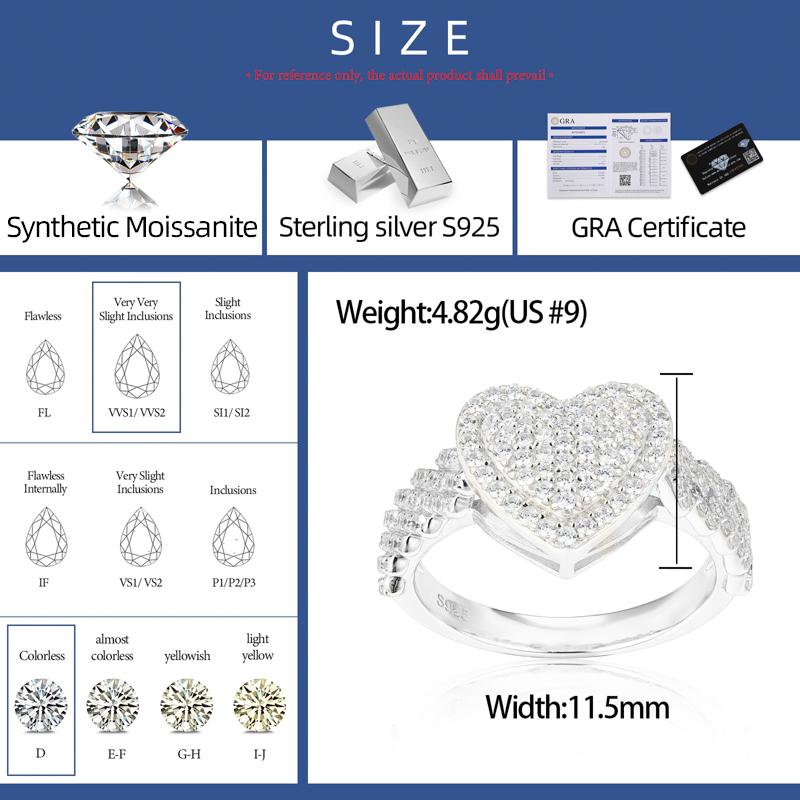 【#R444 】Heart-shaped Ring UCCIYO S925 Sterling Silver Moissanite Ring for Women Men Hip Hop Jewelry Gift