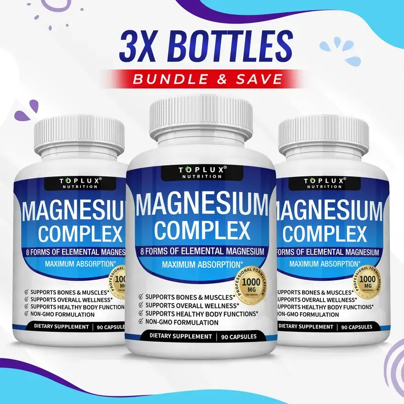 （Flash Sale 3 bottles）TopLux Nutrition Magnesium Complex 1000mg 90 Capsules 7 Elemental Sources Men Women Bone Muscle Sleep Immune Support Nature Decent Fitness Dietary Supplement Malate Taurate Chelated for