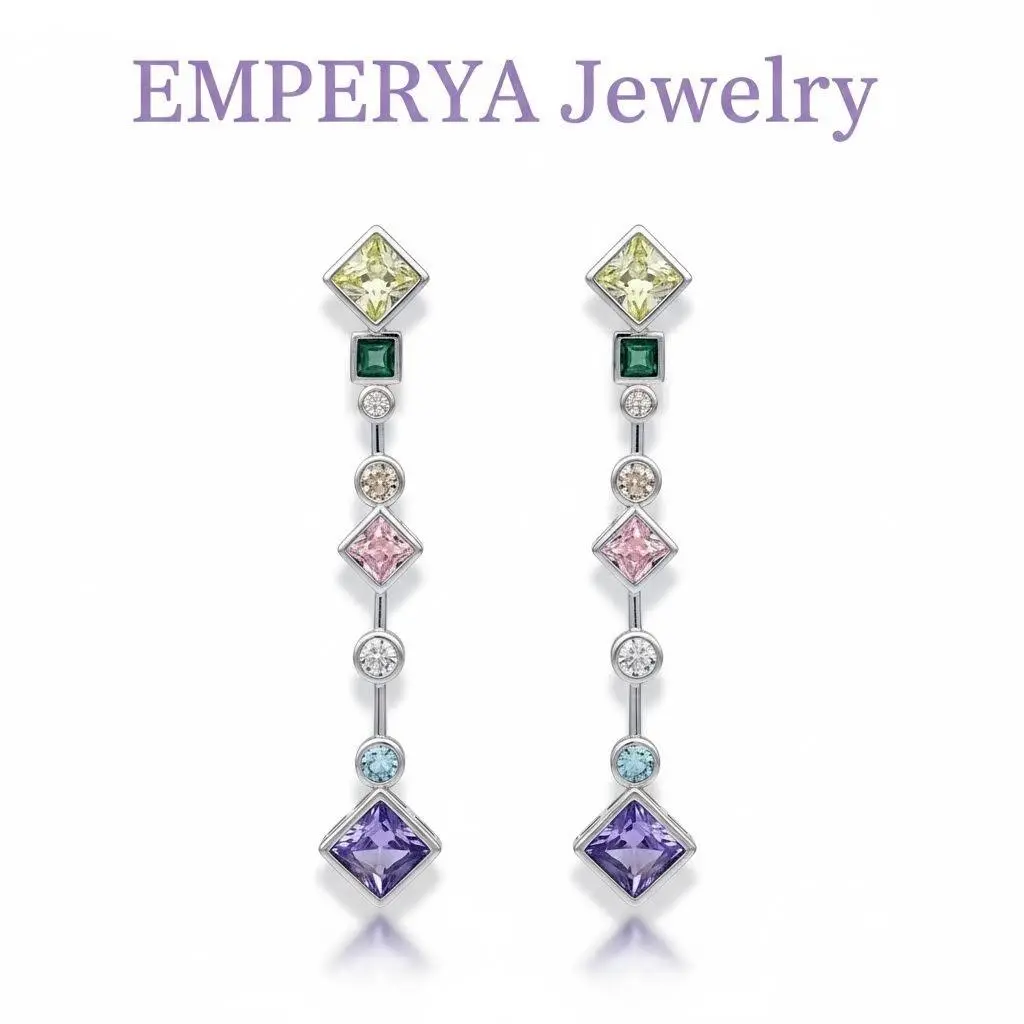 EMPERYA Face-Slimming Long Drop Earrings  Vibrant Multi-Color Gemstones, Dazzling Geometric Zirconia Jewelry for Party & Daily Look