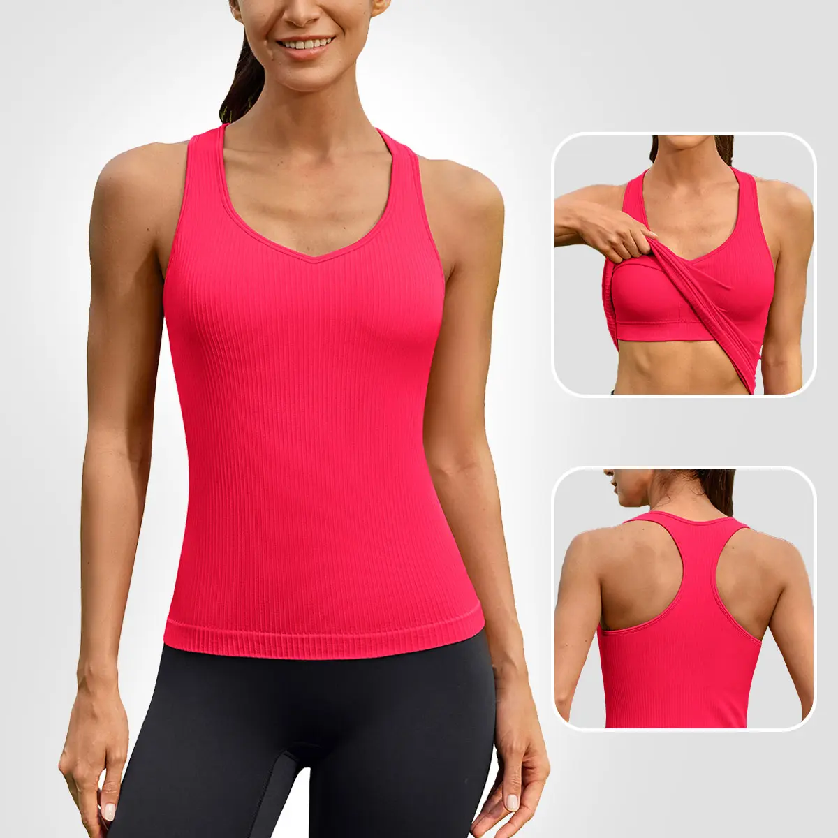 ATTRACO Women's Seamless 1-Piece Racerback Tank Top - Built-in Bra, Ribbed Sweetheart Neck, Sleeveless, Slim Fit, Tummy Control, Compression, Modest, Longline Nylon Fabric, Summer Athletic Casual Top
