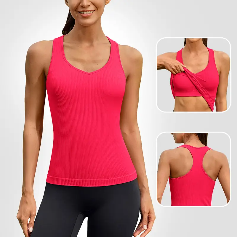 ATTRACO Ribflex Women's Seamless 1-Piece Racerback Tank Top - Built-in Bra, Ribbed Sweetheart Neck, Sleeveless, Slim Fit, Tummy Control, Compression, Modest, Longline Nylon Fabric, Summer Athletic Casual Top Womenswear Gym