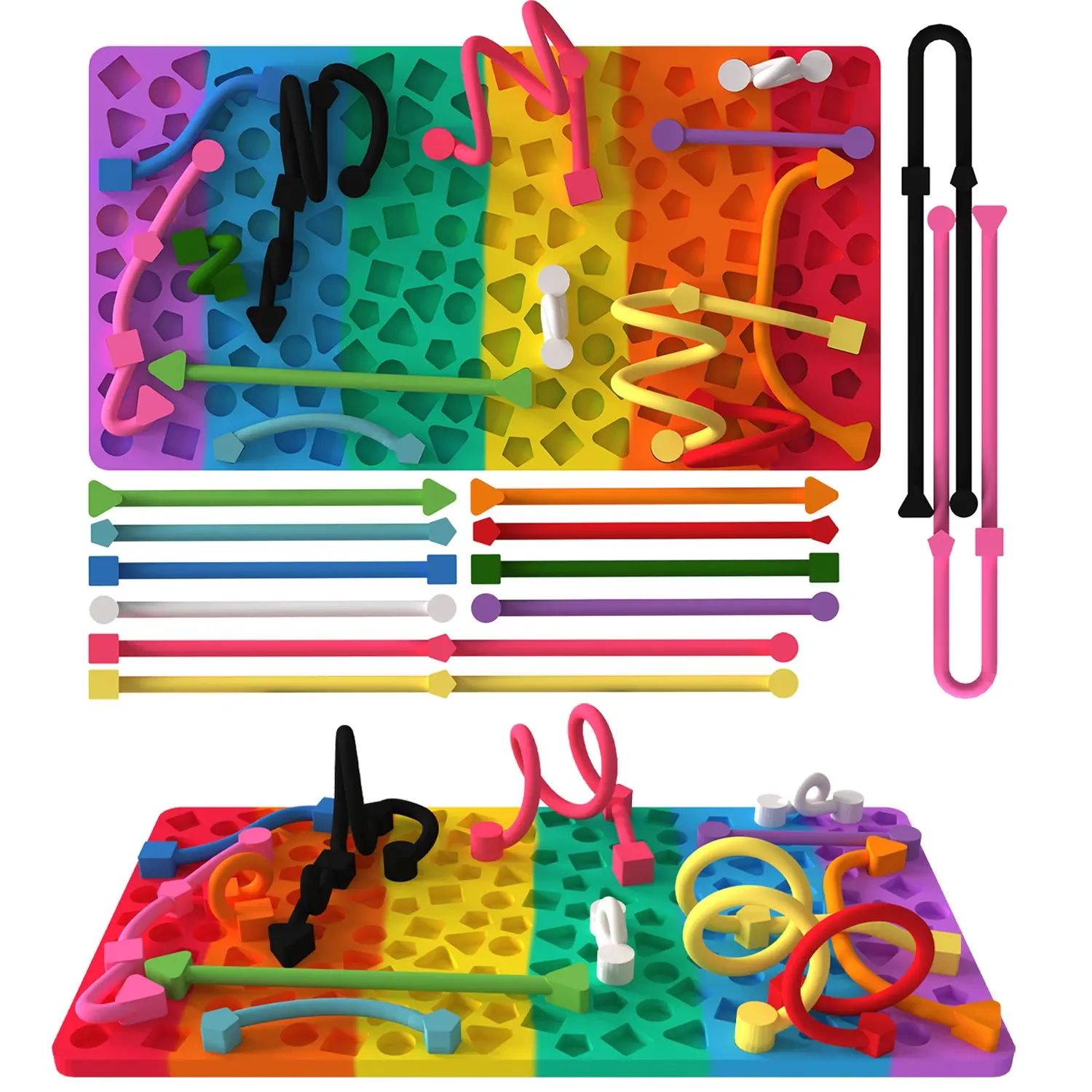 Geometric Stress Relief Board, Silicone Pressure Board for Kids and Teens, Includes 12 Silicone Strips and Portable Storage Bag, Ideal Gift Choice, Fidget Boards