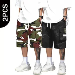 SUMIMERVIBES Men’s Camouflage Print Cargo Shorts Two-Piece Set, Quick-Dry Multi-Pocket Drawstring Shorts, Suitable for Hiking, Running, and Everyday Streetwear