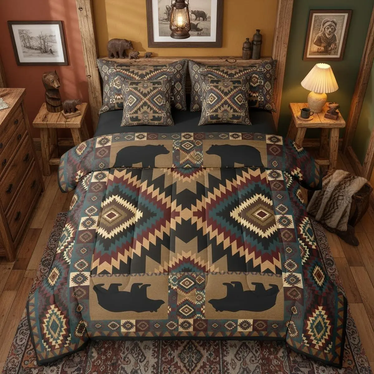 Feelyou 7-Piece Rustic Cabin Bedroom Bedding Set - Farmhouse Lodge Bear Comforter, Vintage Southwestern Decorative Soft Bedding for Women, Western Hunting Wildlife Quilt Sheet Set, Decorative Bedding Set