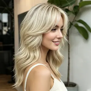 Jessie's Wig [Mayra] Ombre Blonde Highlight Wavy 13x4 Lace Front Wig With Airy Bangs Glueless Wig With Light Root 100% Human Hair