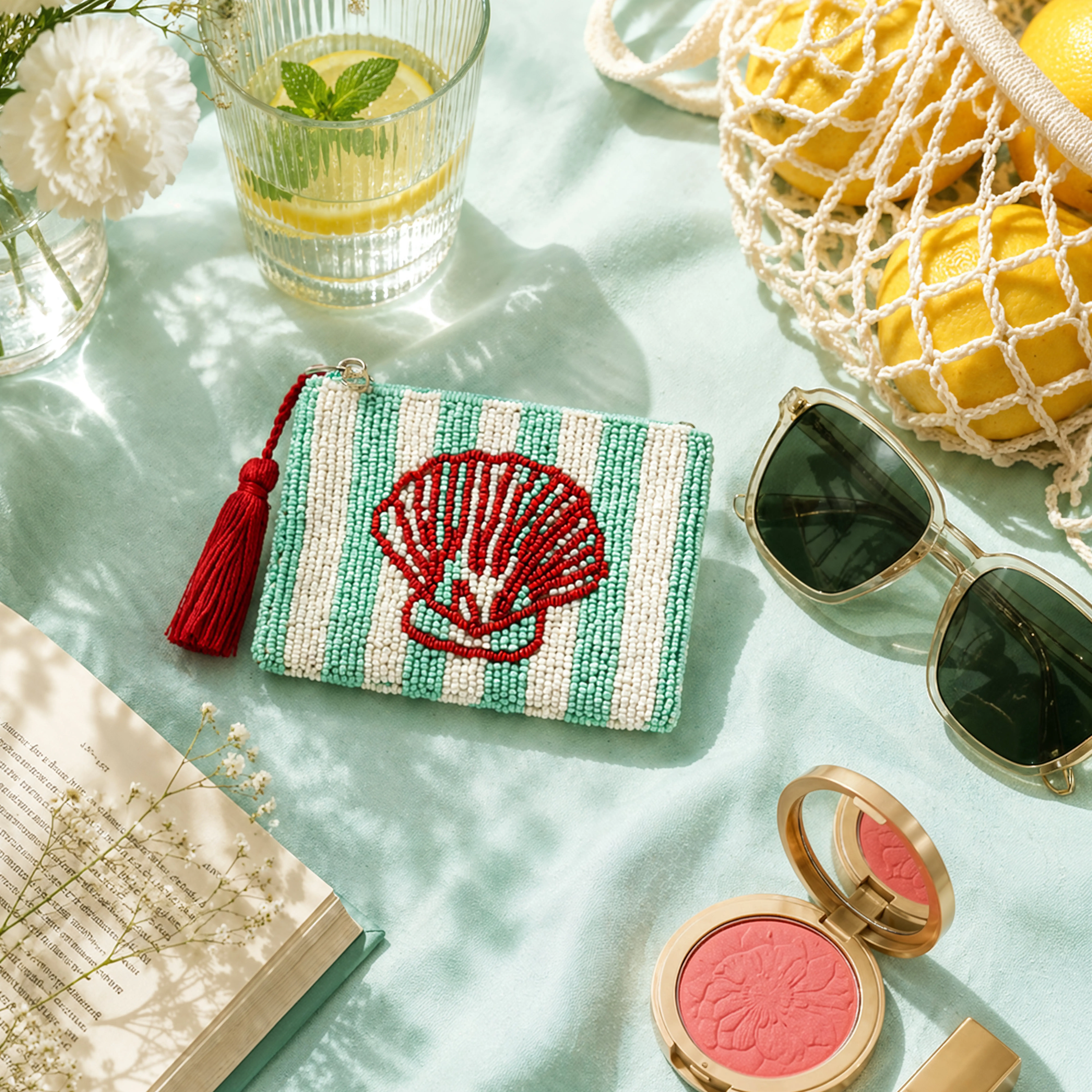 America & Beyond Stripe Shell Beaded Coin Pouch – Handcrafted Coastal Zip Wallet with Tassel, Beach-Inspired Card Holder & Mini Travel Pouch, 5" x 3.5"