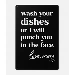 Funny 'Wash Your Dishes Or I'Ll Punch You In The Face' Metal Tin Sign 8"X12" - Waterproof, Weather-Resistant, Matte Finish, Perfect For Kitchen & Home Decoration, Cute Gift For Mom