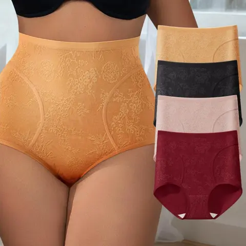 Women's 4PCS Plus Size High-Rise Floral Embroidery Briefs Set, Gentle Tummy Control Wide Waistband, Casual Comfortable Soft Breathable Lightweight Stretchy Smooth Skin-Friendly Non-Irritating Daily All-Season Panties, S-4XL