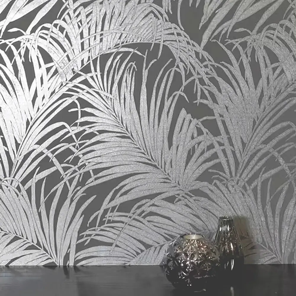 WM90330501 Tropical palm leaves gray silver metallic Wallpaper modern wallcoverings roll 3D