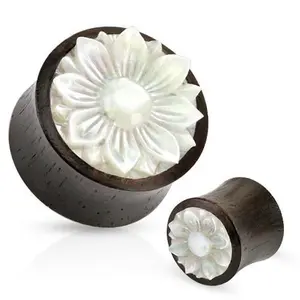 Pair of Organic Wood Plugs Ear Gauges Mother of Pearl Lotus Flower 00g 1/2 5/8