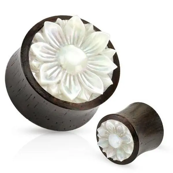 Pair of Organic Wood Plugs Ear Gauges Mother of Pearl Lotus Flower 00g 1/2 5/8