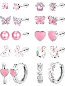 9 Pairs Kids Earrings for Girls 316L Surgical Steel Stud Hoop Sets Hypoallergenic Cute Heart Cubic Zirconia Flower Sleeper Earrings for Teen Toddler Childs Women Stud Earring Jewelry