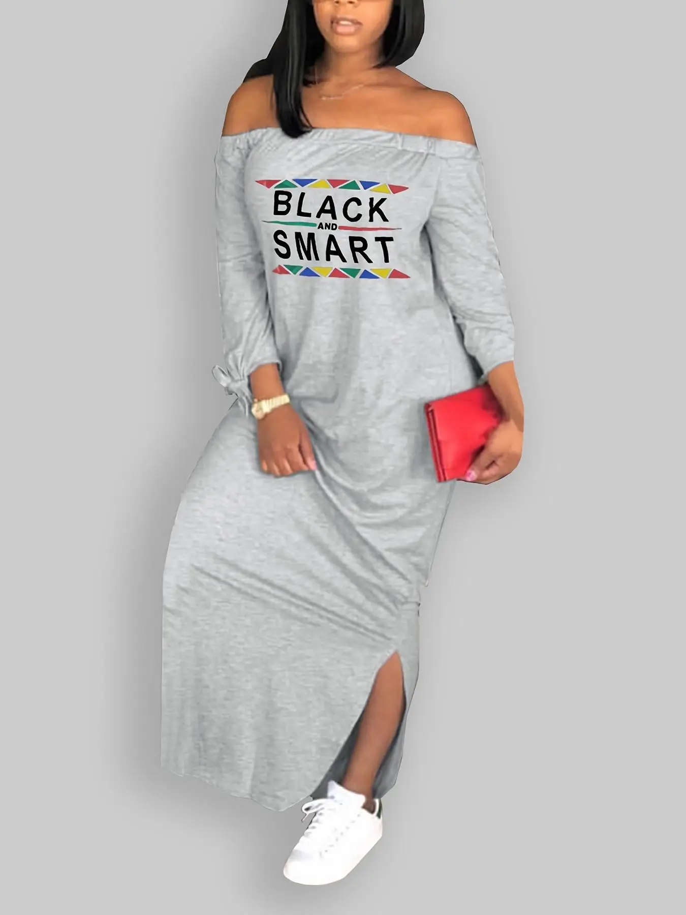 Women's Letter Print Off Shoulder Split Hem Dress, Casual Fashion Long Sleeve Knot Detail Long Dress for Daily Outdoor Wear, Summer Outfits, Dresses f