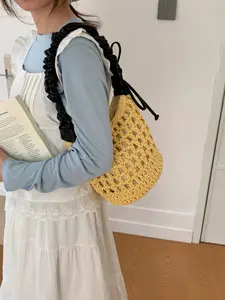 Korean Style Hollow Out Crochet Bucket Bag, Drawstring Pleated Shoulder Strap, Summer Beach Vacation Daily Commute Casual Crossbody Bag