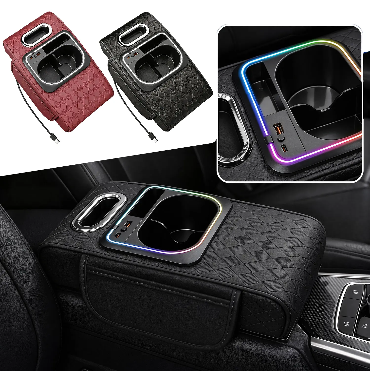 Leather Car Armrest Cushion with RGB LED Enhanced Ambient Lighting, Easy to Install Center Console Cover, Tidy & Organized Storage Bags, Cup Holder & Tissue Box, Waterproof Universal Auto Interior Pad (Black), Rgb Led Light