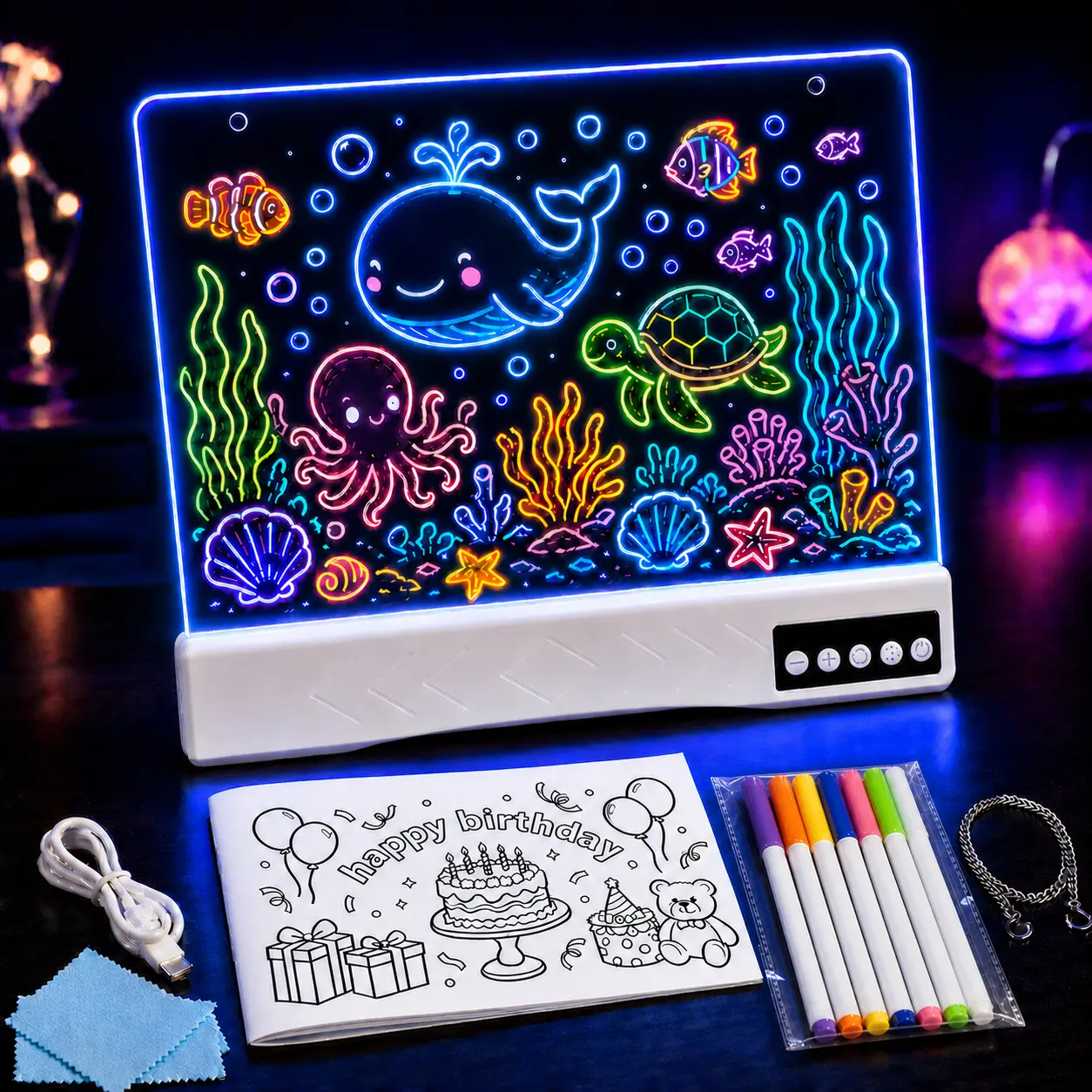 Light-Up Acrylic Drawing Board with 5-Button Control, Rechargeable LED Message Board, Reusable Doodle Display with Dual Stands
