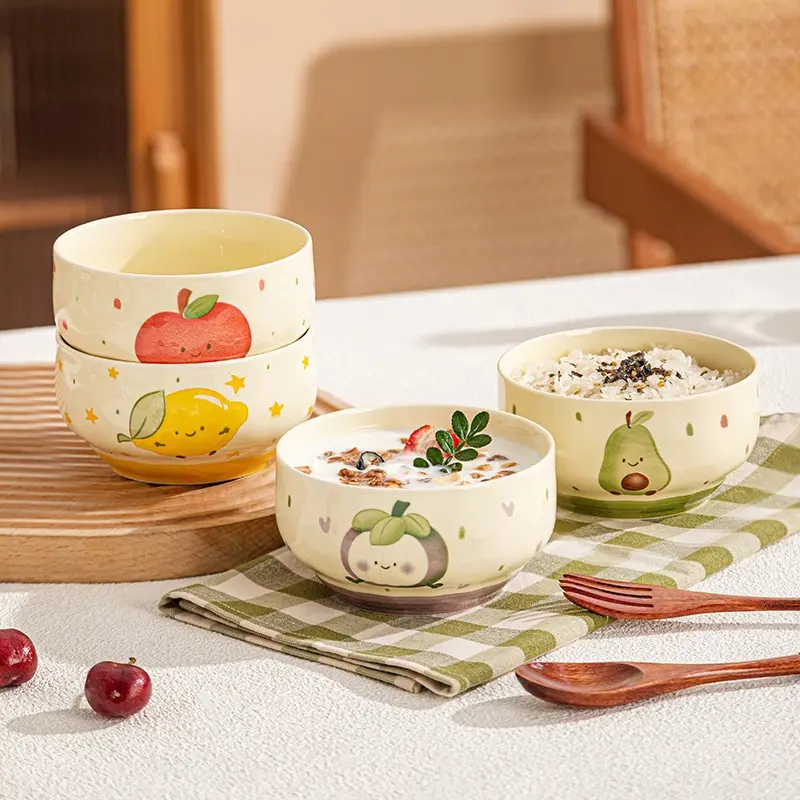 4pcs Cute Fruit Hand-Painted Ceramic Bowls Set, Kawaii Anti-Scald Soup Ramen Noodle Bowls, Creative Decorative Tableware for Home Kitchen