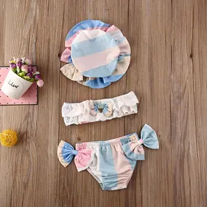 Toddler Baby Girls Swimsuit Summer Kids Ruffled Short Top+Floral Print/Patchwork Shorts+Bowknot Sun Hat Summer Beach Bathing Suit