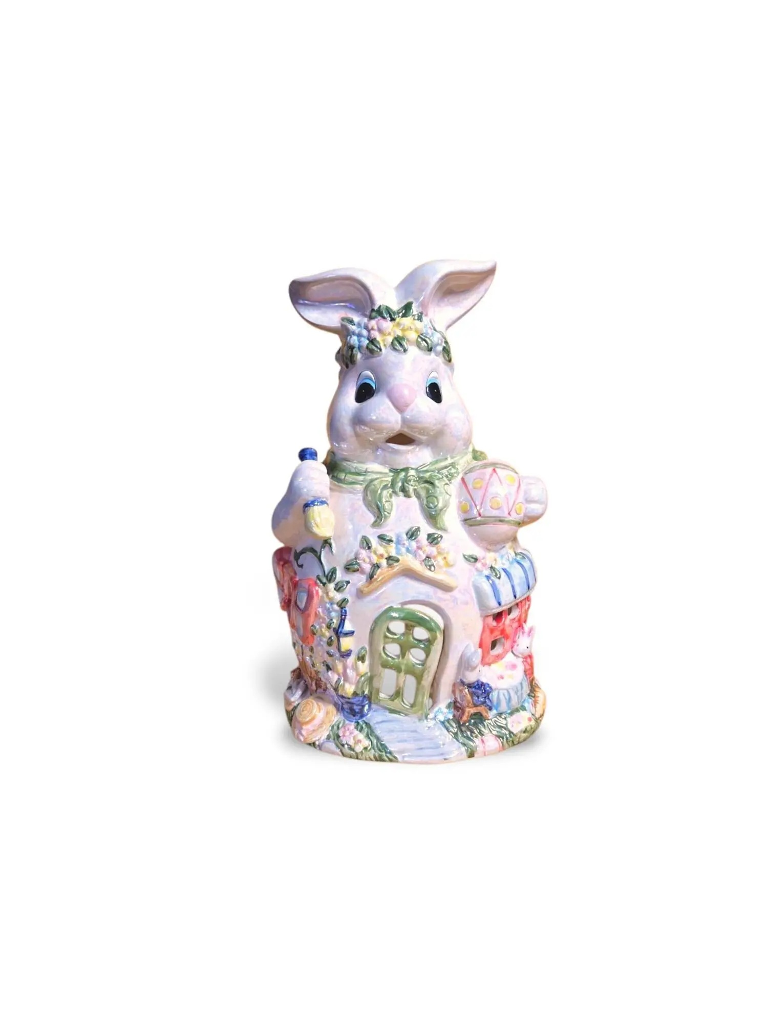 Vintage Iridescent Ceramic Easter Bunny House Votive Tea Light Holder