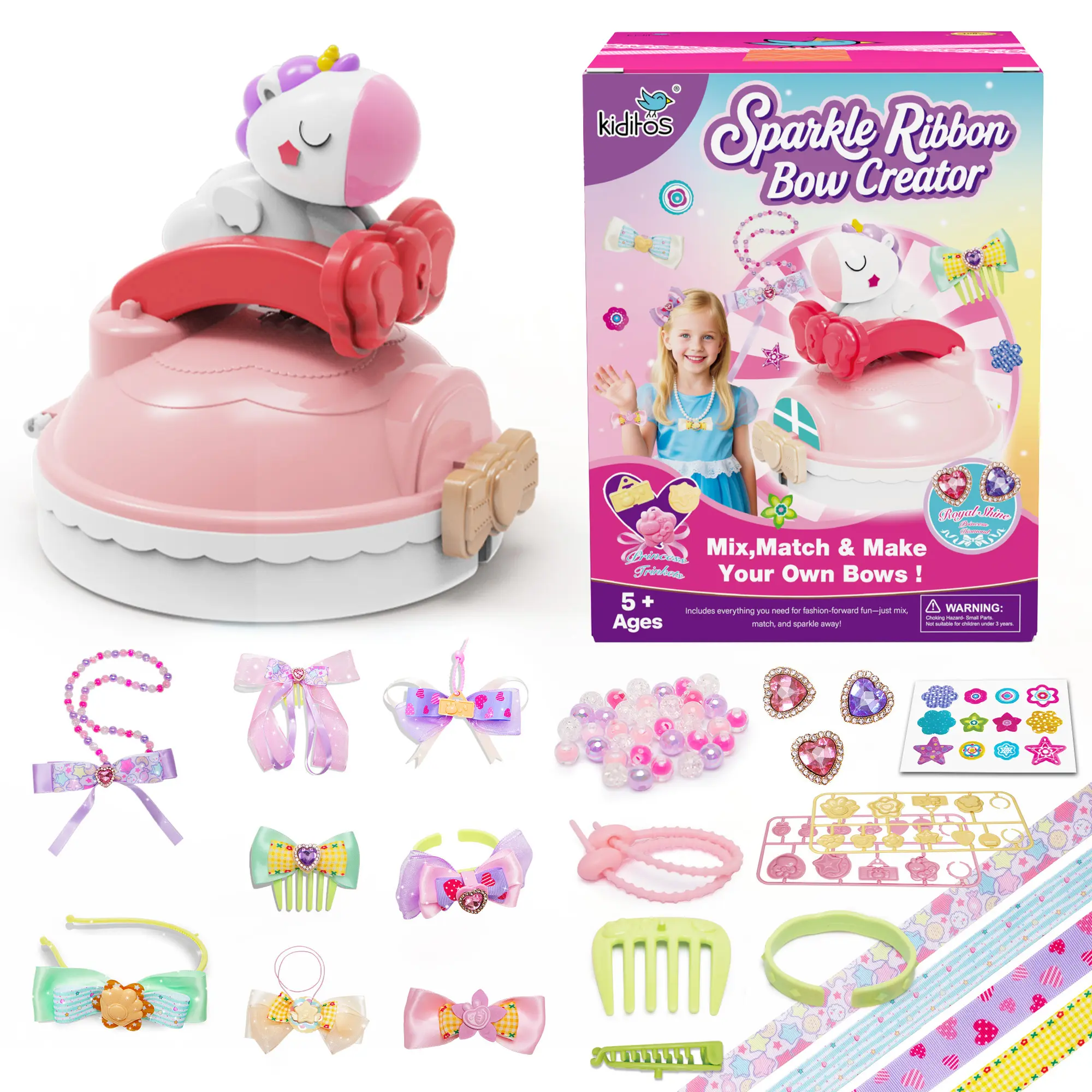Kiditos Sparkle Ribbon Bow Creator Craft Kit for Kids, DIY Hair Bow Maker Toy Set with Ribbons & Storage Case Ages 5+