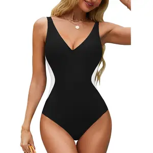 Deep V Neck Color Block Lace Up Back  Women's Slimming Tummy Control One Piece IllusionSwimsuit Outdoorfun