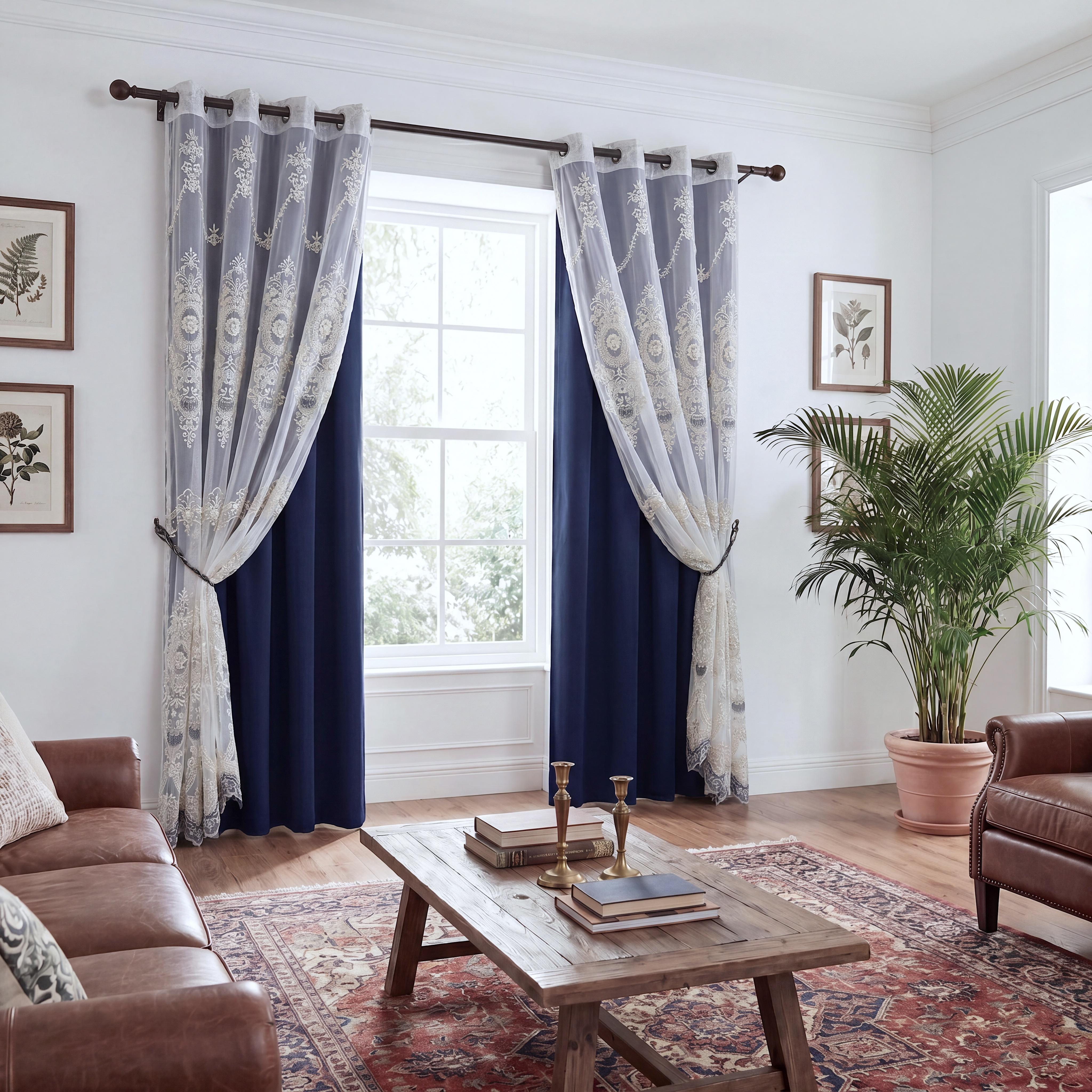 4 Panels Combination Grommets Curtains Including : 2 Panels 52x84 inch Solid Blackout Curtains & 2 Panels 52x90 inch Luxuary Embroidery Curtains QF222 QF78 noise reduction