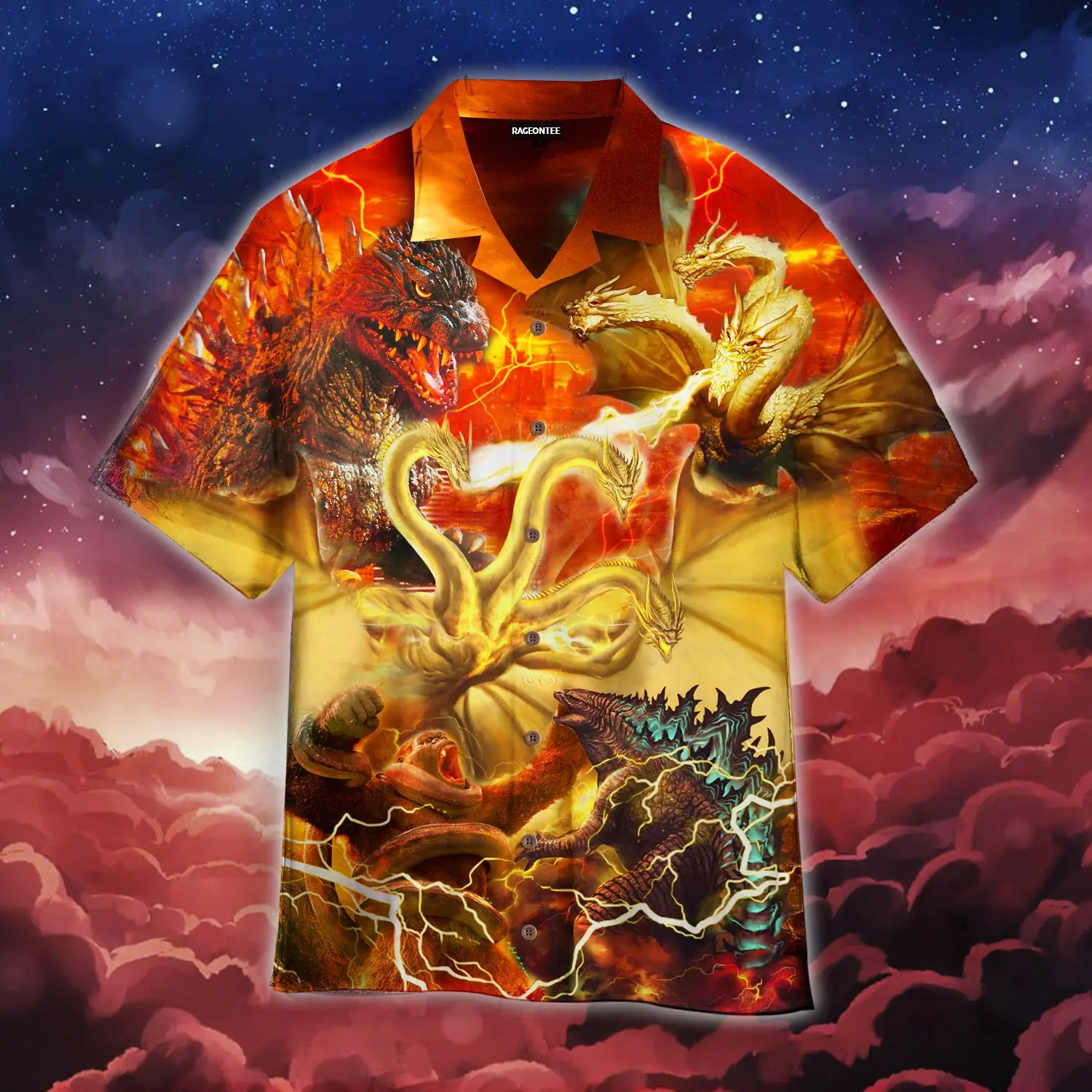 Godzilla Hawaiian Shirt Casual Button Front Cotton Wool Polyester Blend Four-Way Stretch Comfortable Fit for Beachwear & Everyday Wear Japanese Classic Movie Design