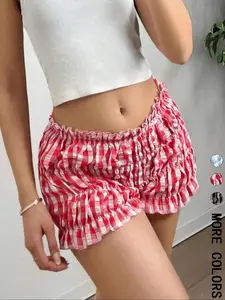 Women's Gingham Print Ruffle Trim Shorts Casual Comfy Frill Shorts for Summer Women's Bottoms Daily Wear