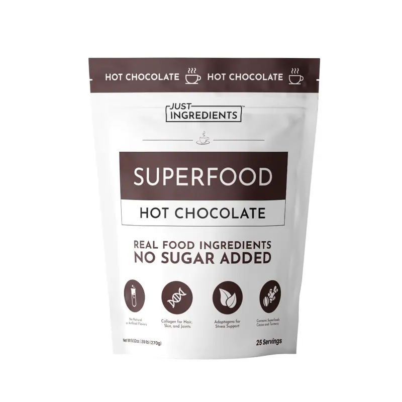 Just Ingredients Superfood Hot Chocolate | 25 Servings | With Grass-fed Collagen, Organic Cacao, Cinnamon, Ashwagandha, Turmeric & Lion’s Mane | No Sugar Added | Supports Gut Health, Immunity & Cognitive Function*