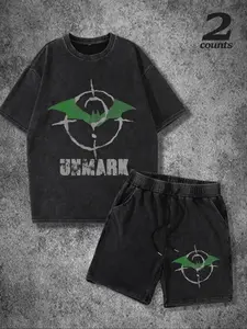 Men's Batman Print Short Sleeve Tee & Shorts Two-Piece Set, Regular Fit Casual Round Neck T-shirt & Track Shorts, Men's Summer Clothes