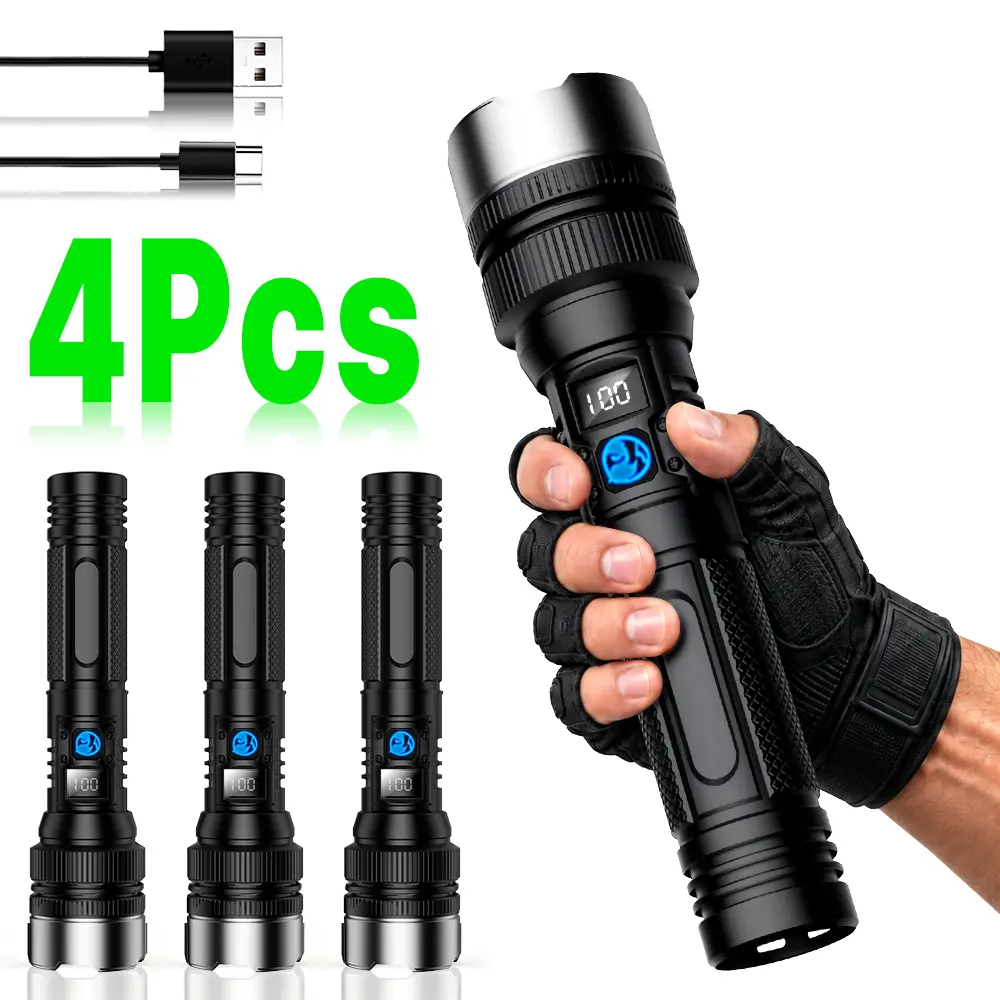 4pcs 2-in-1 Strong Flashlight (Power Bank), Digital display ofpower, Rechargeable, Zoomable,, X4Waterproof,Adjustable Brightness Flash Light for Outdoor, Emergency,Camping Accessories, Black TikTokShopFallDealsForYou