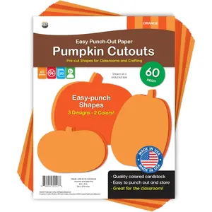 60 count Pumpkin Cutouts for Fall  and Classroom Decor, Orange Paper Shapes in Three Designs for Halloween Projects, Bulletin Boards, Autumn Activities, Double Sided  Made Cardstock