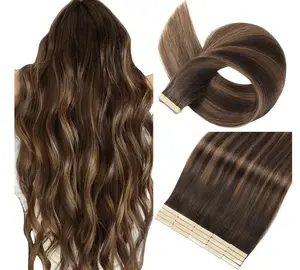 Tape in Hair Extensions Real Human Hair 24 Inch Dark Brown to Mixed Chestnut Brown Tape for Skin Weft Hair Extension Invisible Tape in Hair Extensions Straight Remy Human Hair for Women 20pcs