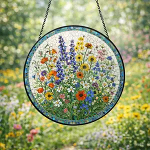 Wildflowers Stained Acrylic Suncatcher, Colorful Meadow Floral Window Hanging