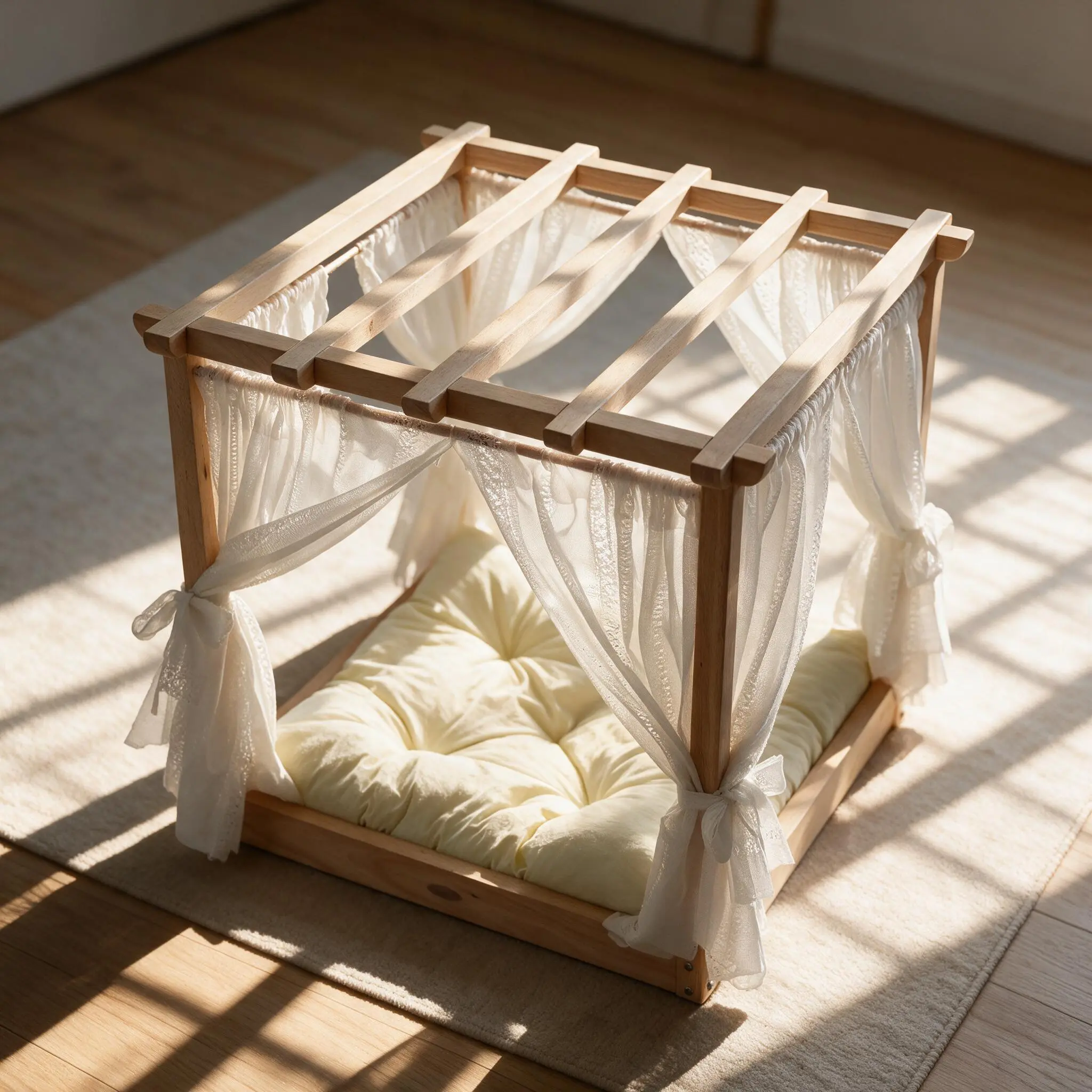 Luxury French Style Cat Mansion – Solid Wood Canopy Pet Bed with Washable Cushion & Elegant Lace | Aesthetic Furniture for Living Room (XOZGWT)