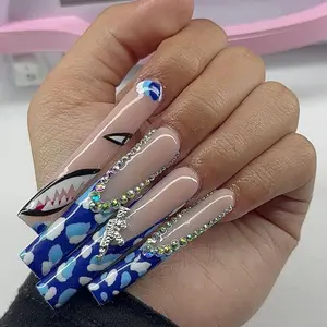 24pcs Y2K Cool Blue Nail Art, Shark Pattern Diamond Decor Long Nails, Includes Jelly Glue and File, Perfect for Festivals