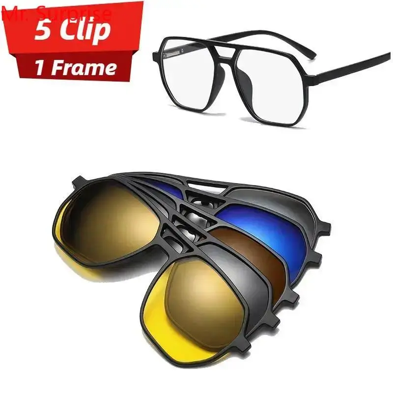 Unisex 6-in-1 Large-Frame Polarized Magnetic Clip-On Sunglasses for Prescription Myopia Glasses, Anti-Ultraviolet, Black, Clip-Mounted, Large-Shaped Men's Sunglasses, Ideal for Driving & Daily Use, Anti-Ultraviolet Men's Sunglasses