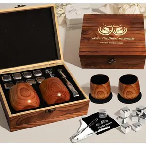 Wood Bourbon Tumblers - Handcrafted Charred Glasses With 8 Whiskey Stones & Tongs, Festive Holiday Gift For Whiskey Enthusiasts